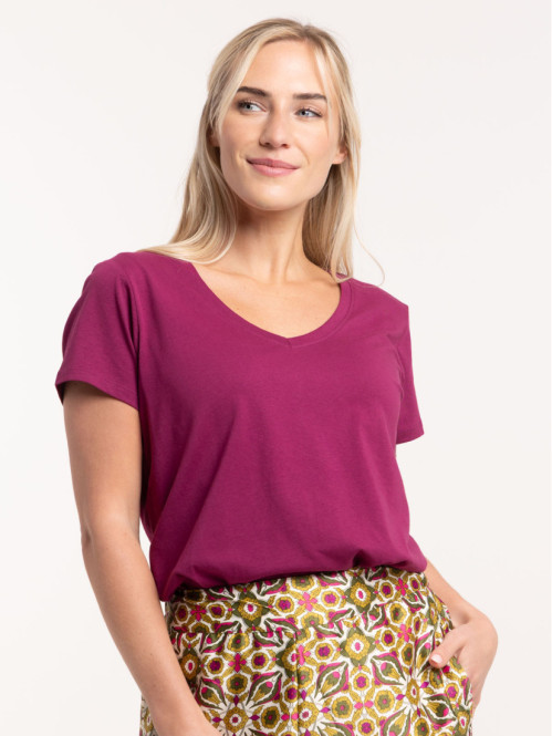 Tee-shirt col V violet femme