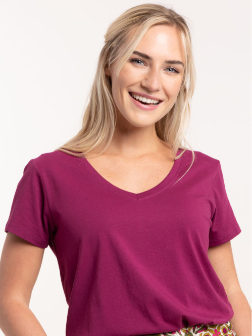 Tee-shirt col V violet femme