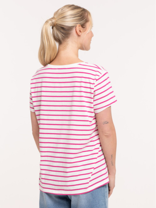 Tee-shirt écru rayé fushia femme