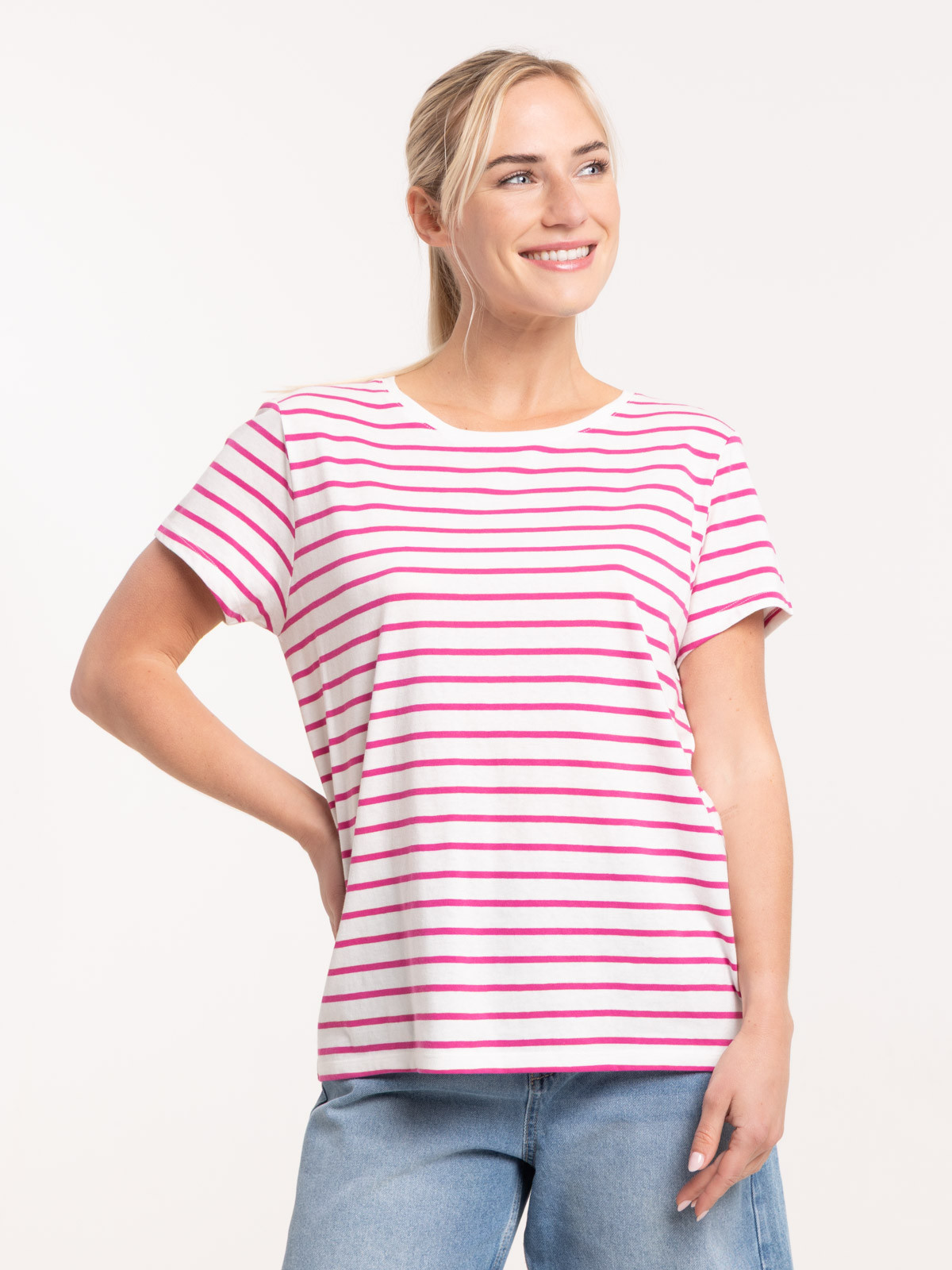 Tee-shirt écru rayé fushia femme