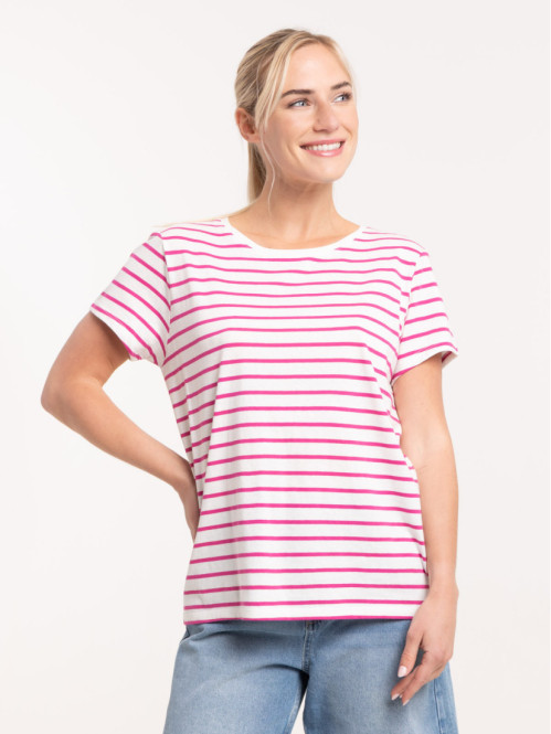 Tee-shirt écru rayé fushia femme