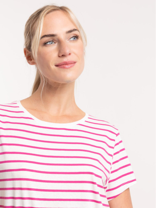 Tee-shirt écru rayé fushia femme