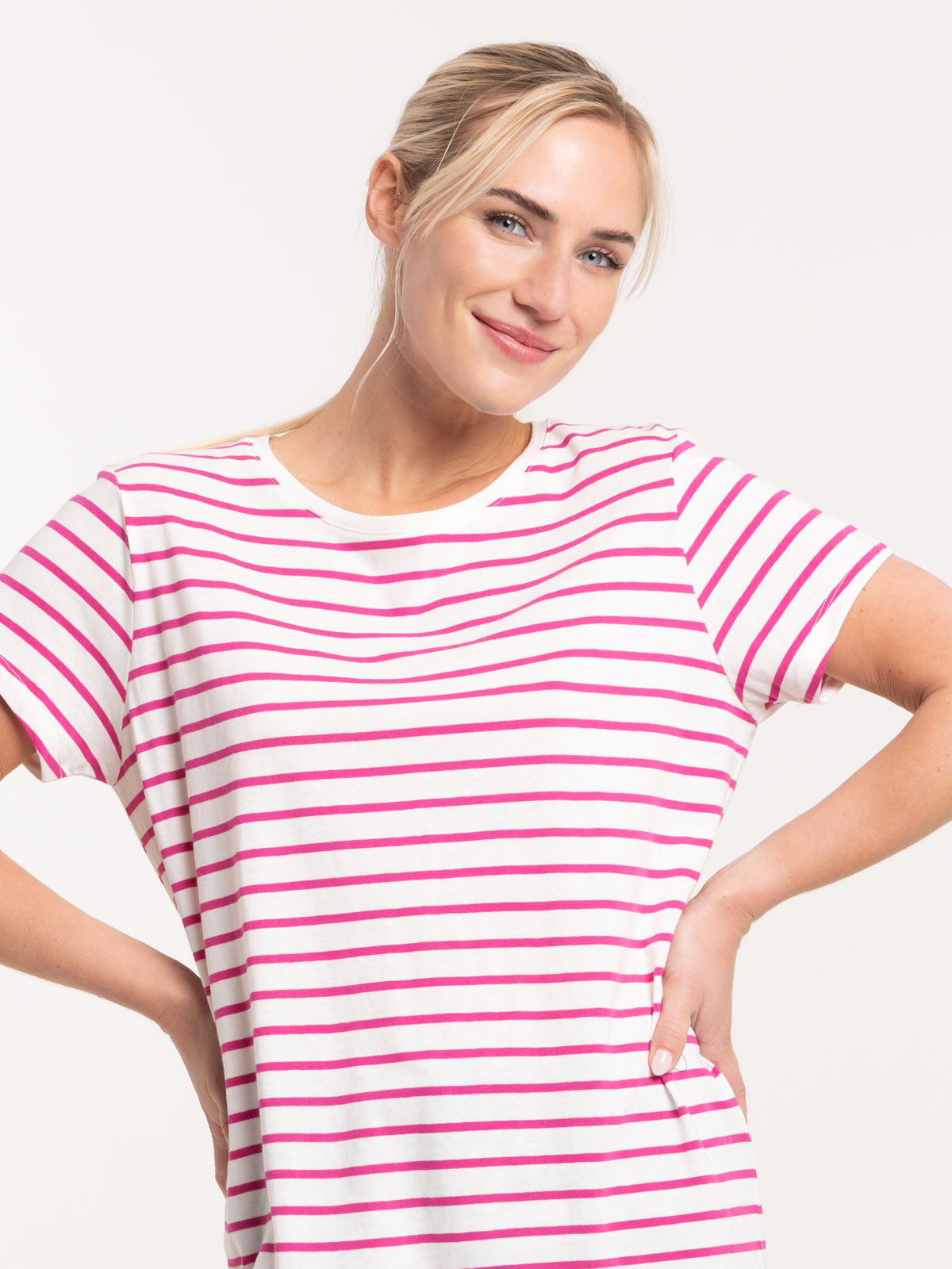 Tee-shirt écru rayé fushia femme