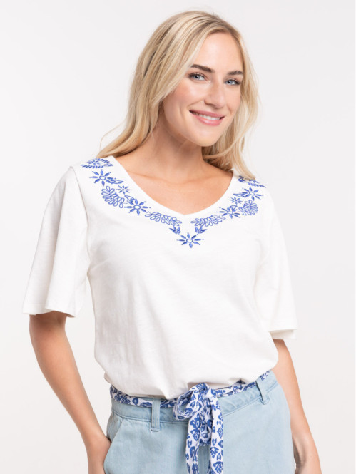 T-shirt col V brodé blanc...