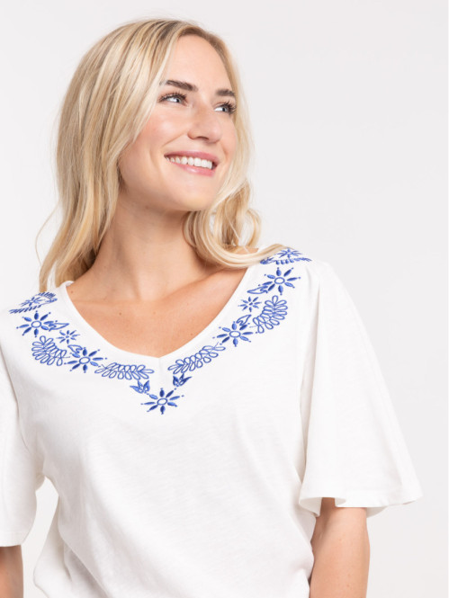 T-shirt col V brodé blanc...