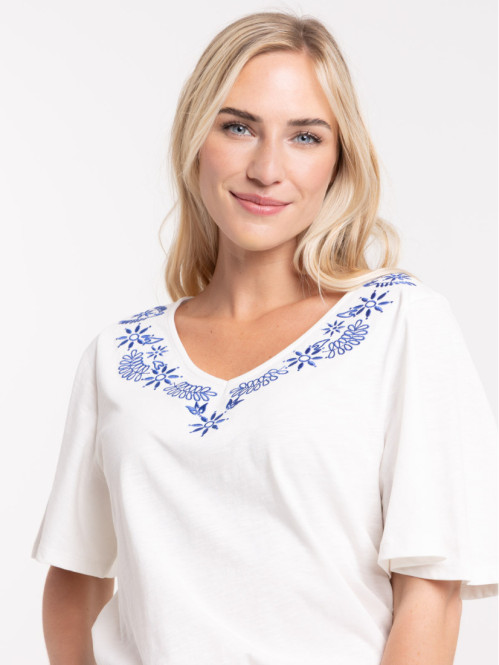 T-shirt col V brodé blanc cassé femme