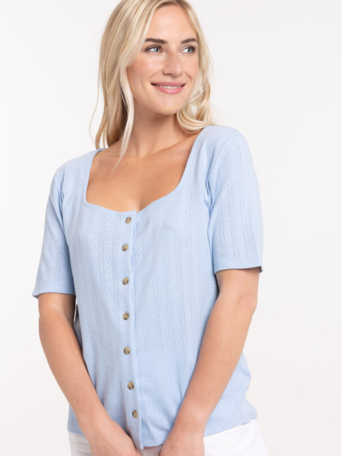 T-shirt maille pointelle femme bleu pâle