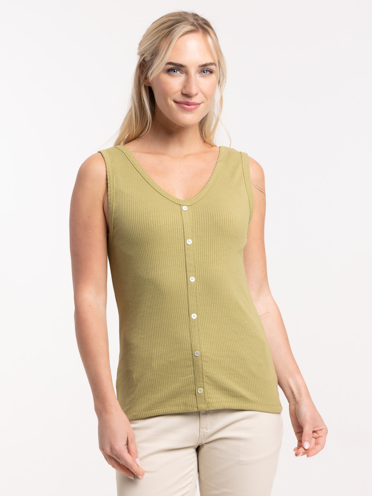 Débardeur col V festonnée femme