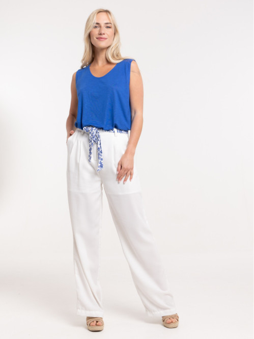 Pantalon ceinturé blanc cassé femme
