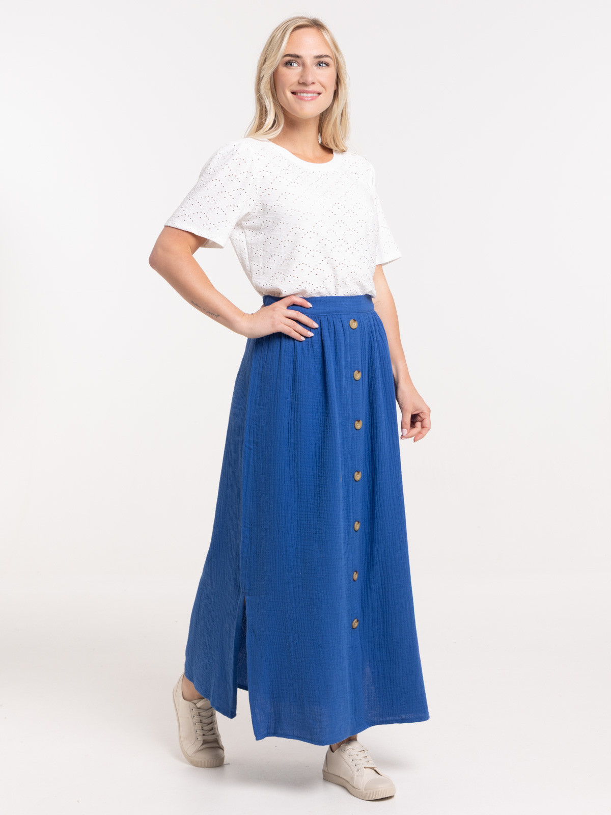 Jupe longue bleu cobalt boutons femme