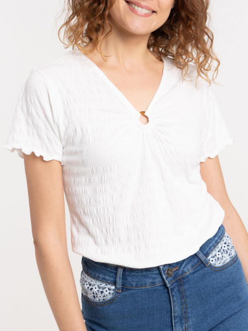 T-shirt col V anneau écru femme