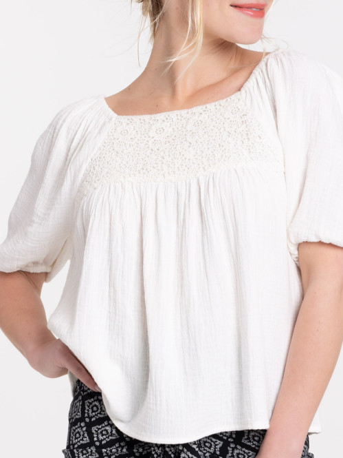 Blouse smockée écru femme