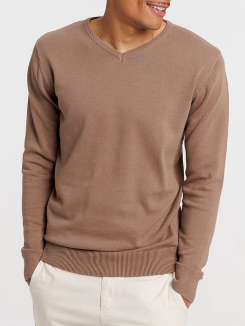 Pull col V mocca latte homme