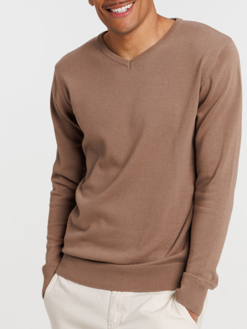 Pull col V mocca latte homme