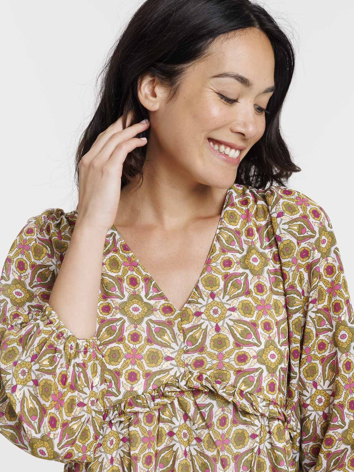 Robe longue imprimée femme kaki indien