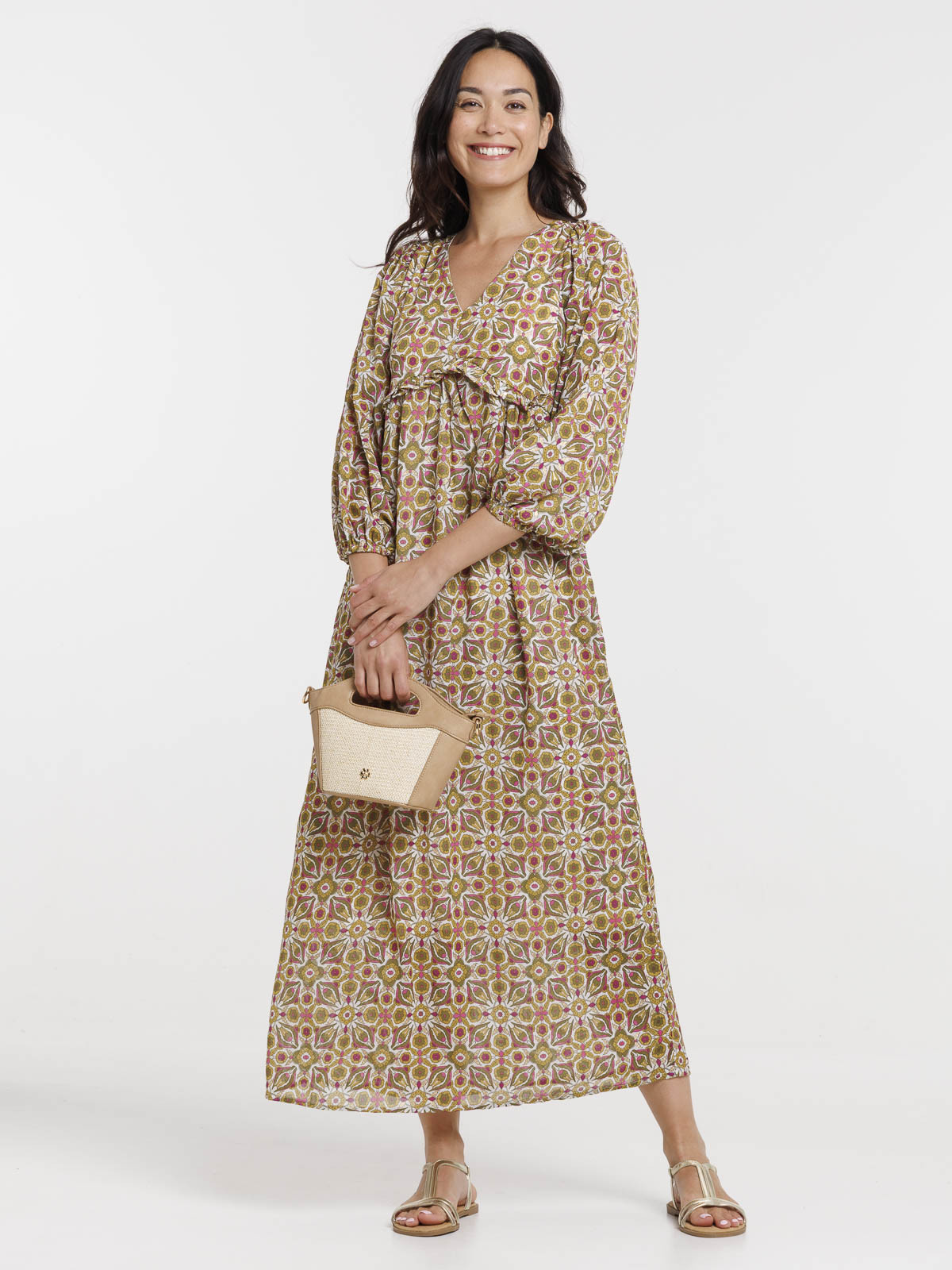 Robe longue imprimée femme kaki indien