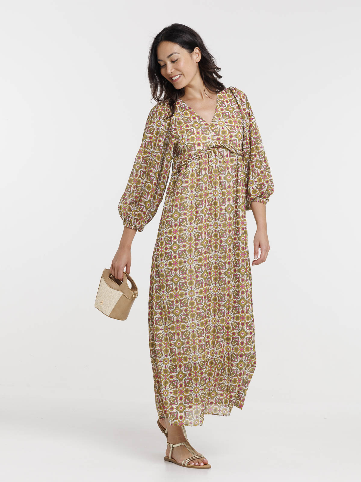 Robe longue imprimée femme kaki indien