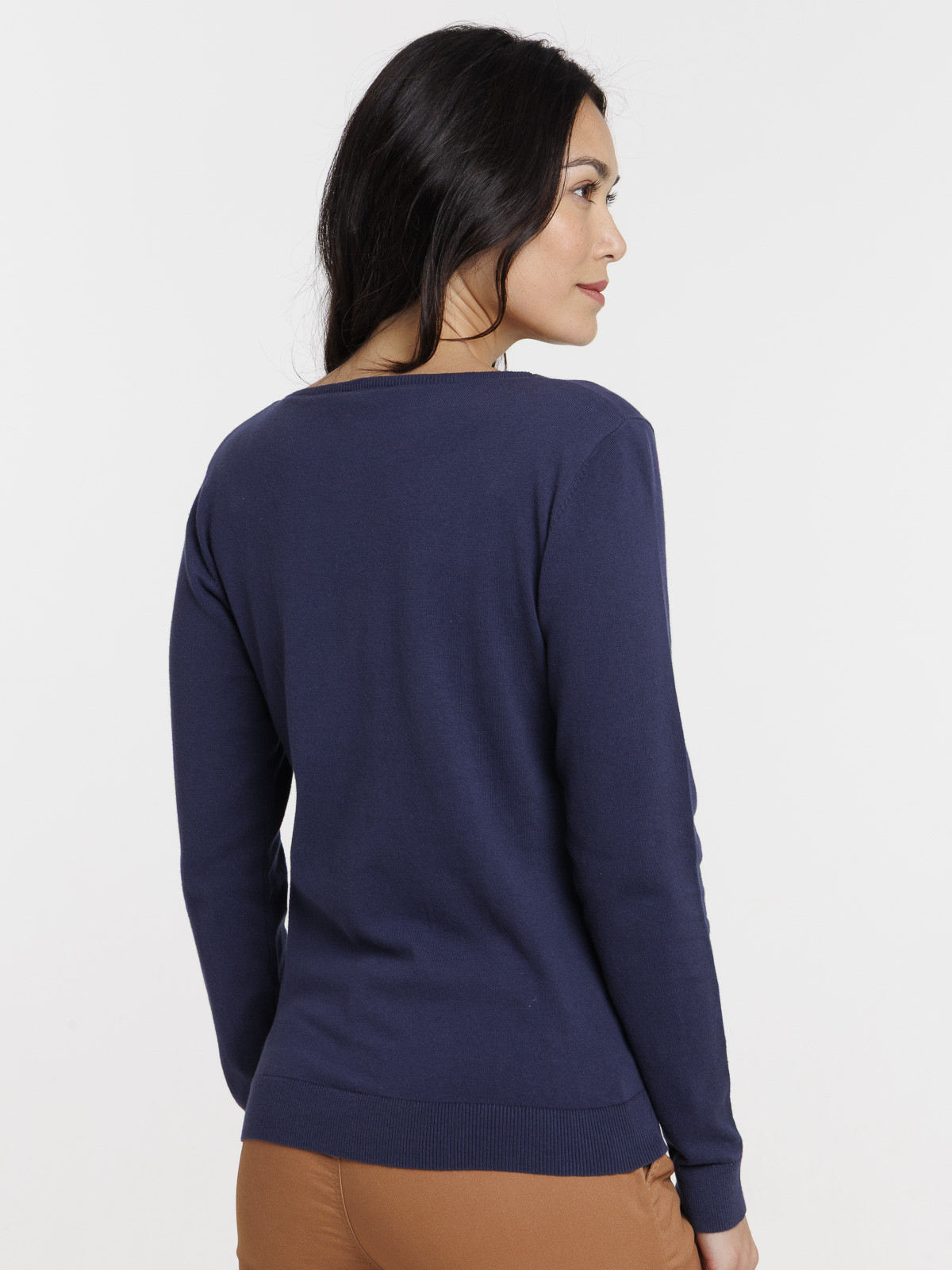 Pull fin col V naval blue femme