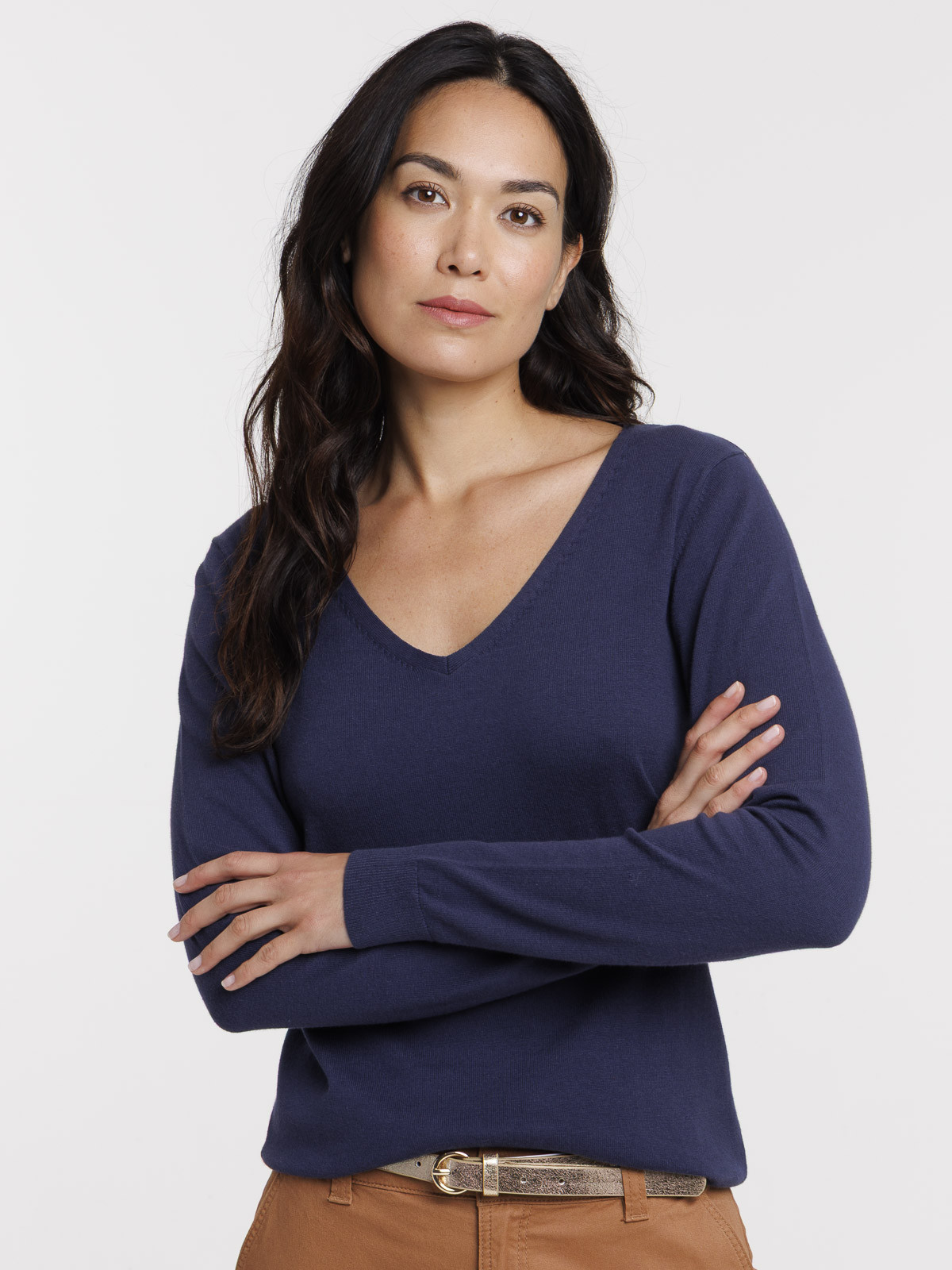 Pull fin col V naval blue femme