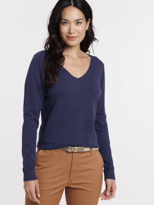 Pull fin col V naval blue femme