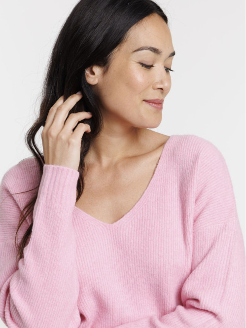 Pull col V rose femme