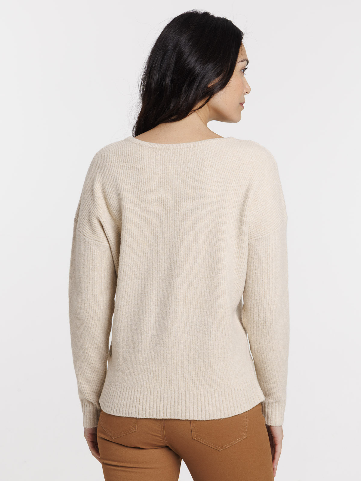 Pull col V beige grisé femme