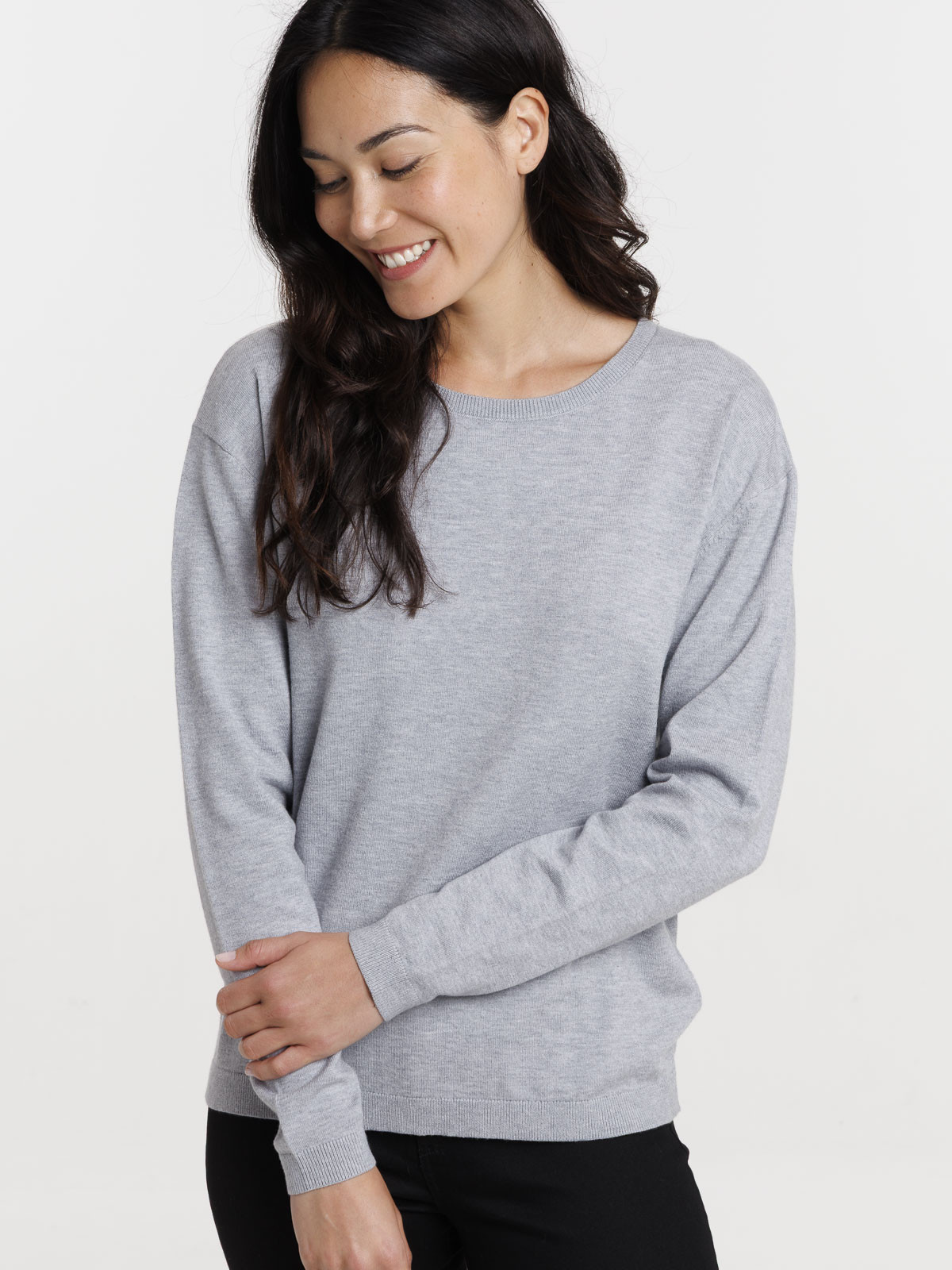 Pull fin col rond gris clair chiné femme