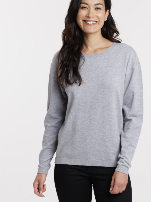 Pull fin col rond gris clair chiné femme