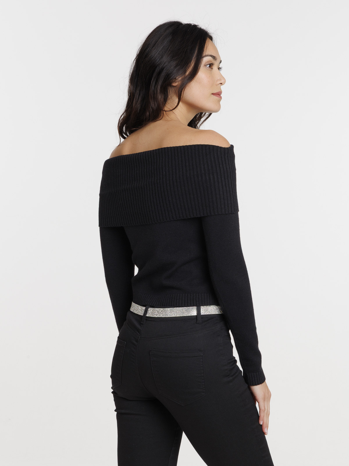 Pull noir col bardot femme