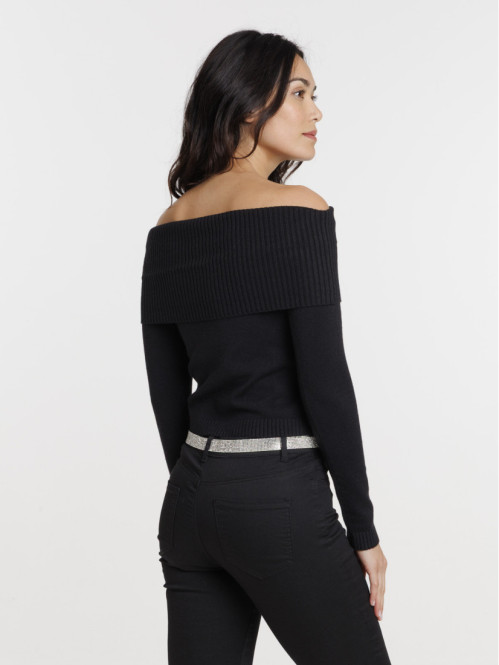 Pull noir col bardot femme