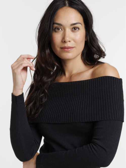 Pull noir col bardot femme