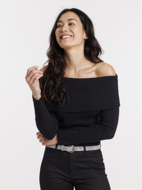 Pull noir col bardot femme