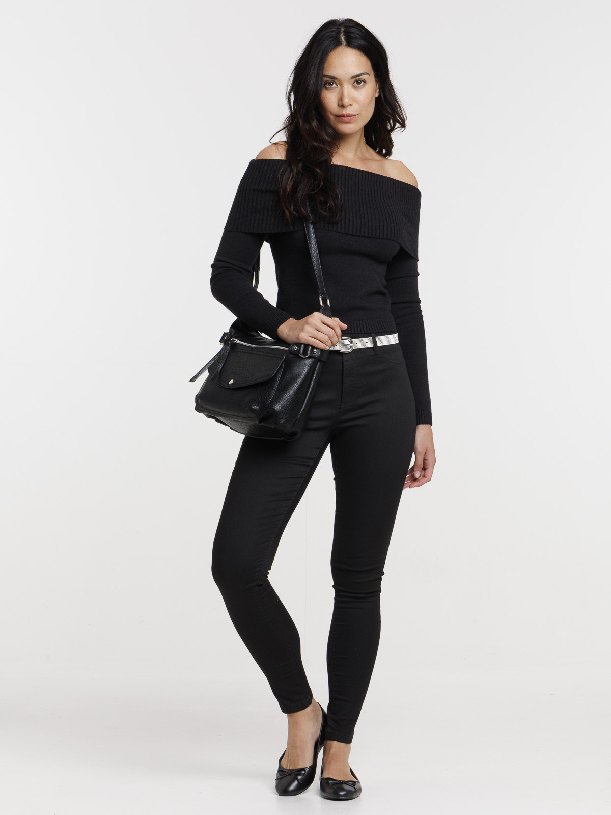 Pull noir col bardot femme