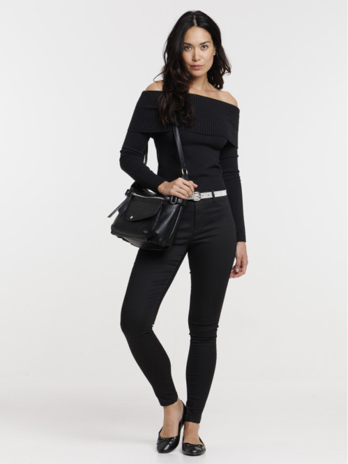 Pull noir col bardot femme