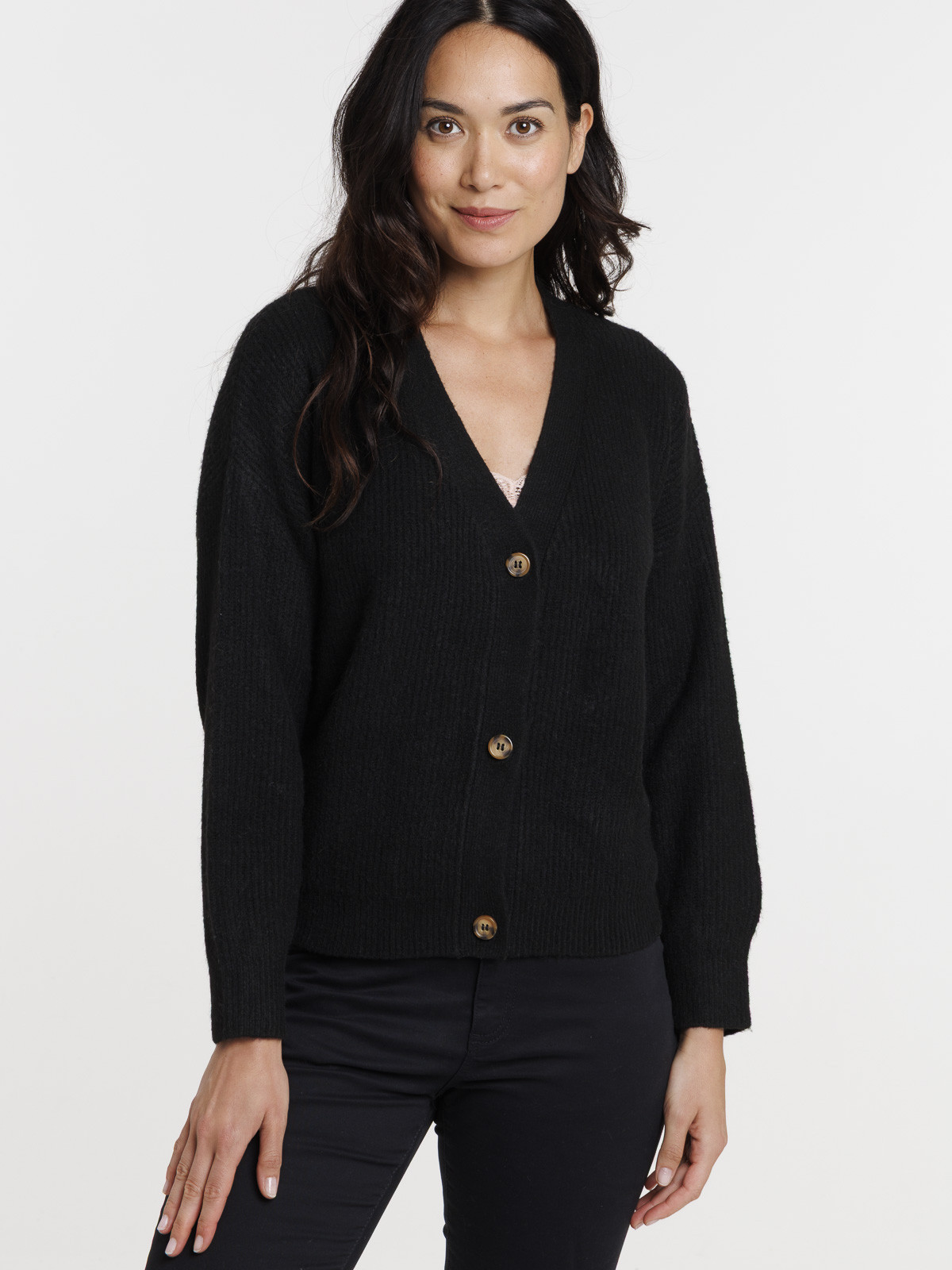 Gilet boutonné col V noir femme