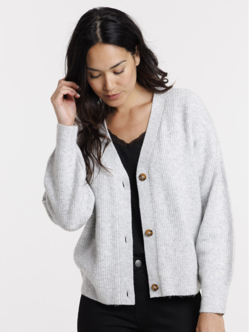 Gilet boutonné col V gris chiné femme