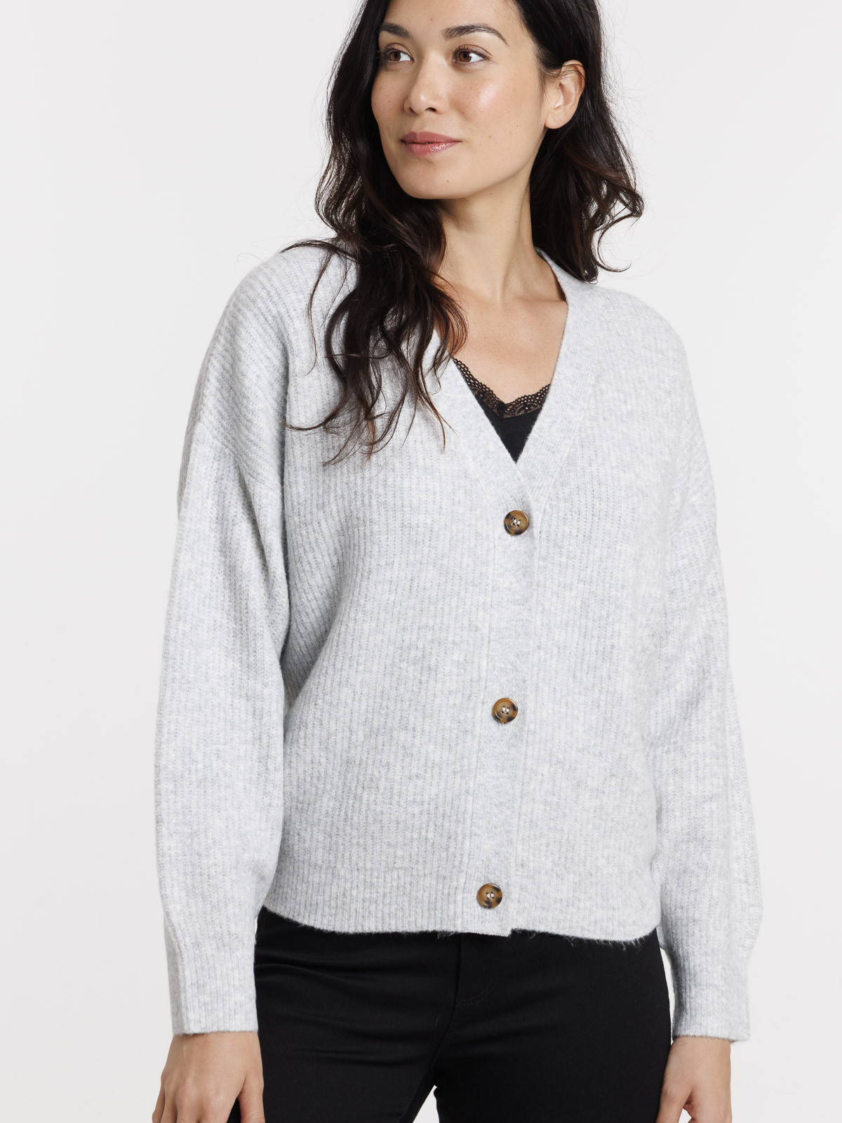 Gilet boutonné col V gris chiné femme