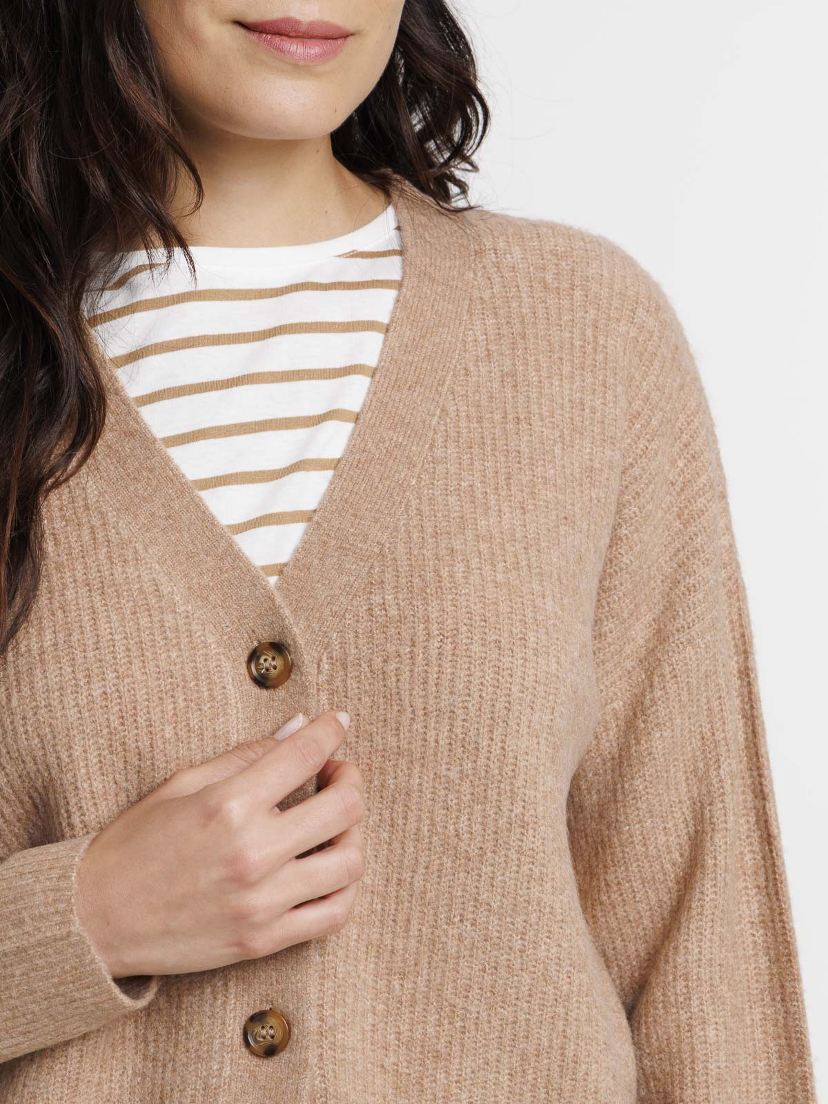 Gilet boutonné col V camel chiné femme