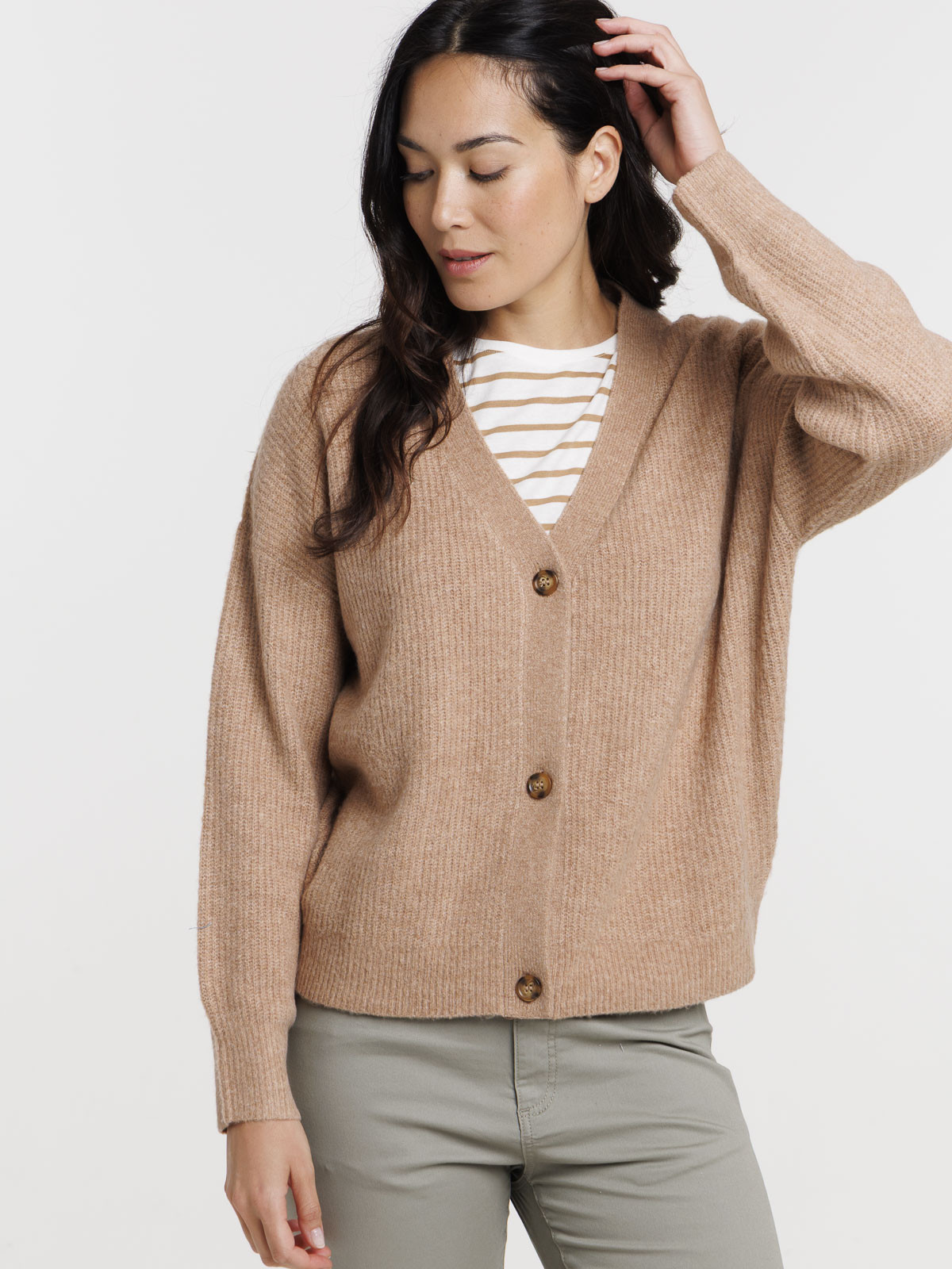 Gilet boutonné col V camel chiné femme