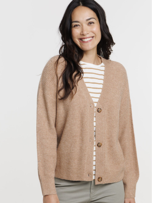 Gilet boutonné col V camel chiné femme