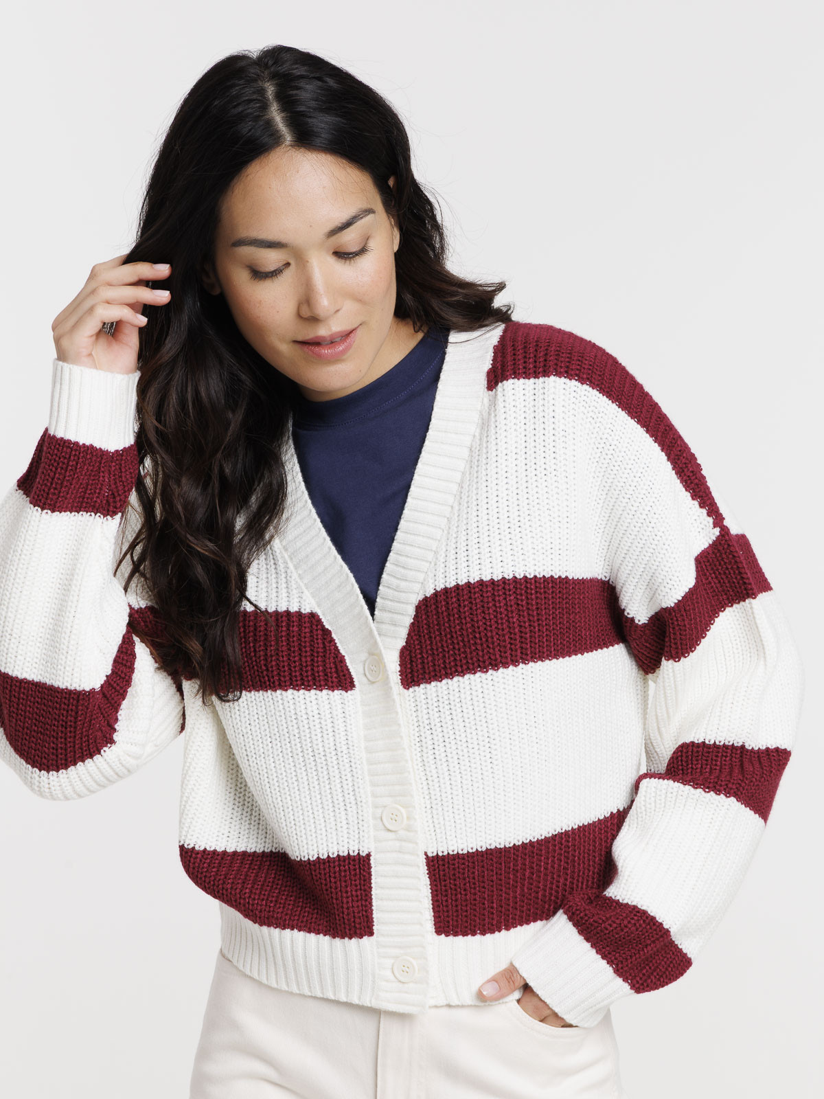 Gilet écru rayé lie de vin femme