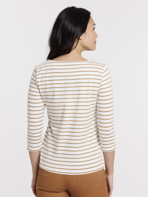T-shirt écru rayé camel femme