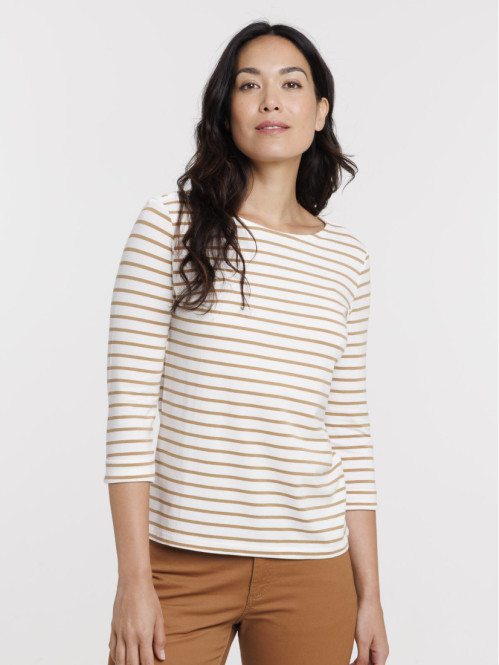 T-shirt écru rayé camel femme