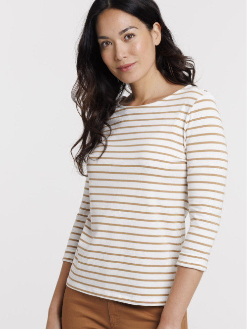 T-shirt écru rayé camel femme