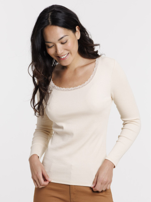 T-shirt col rond dentelle...