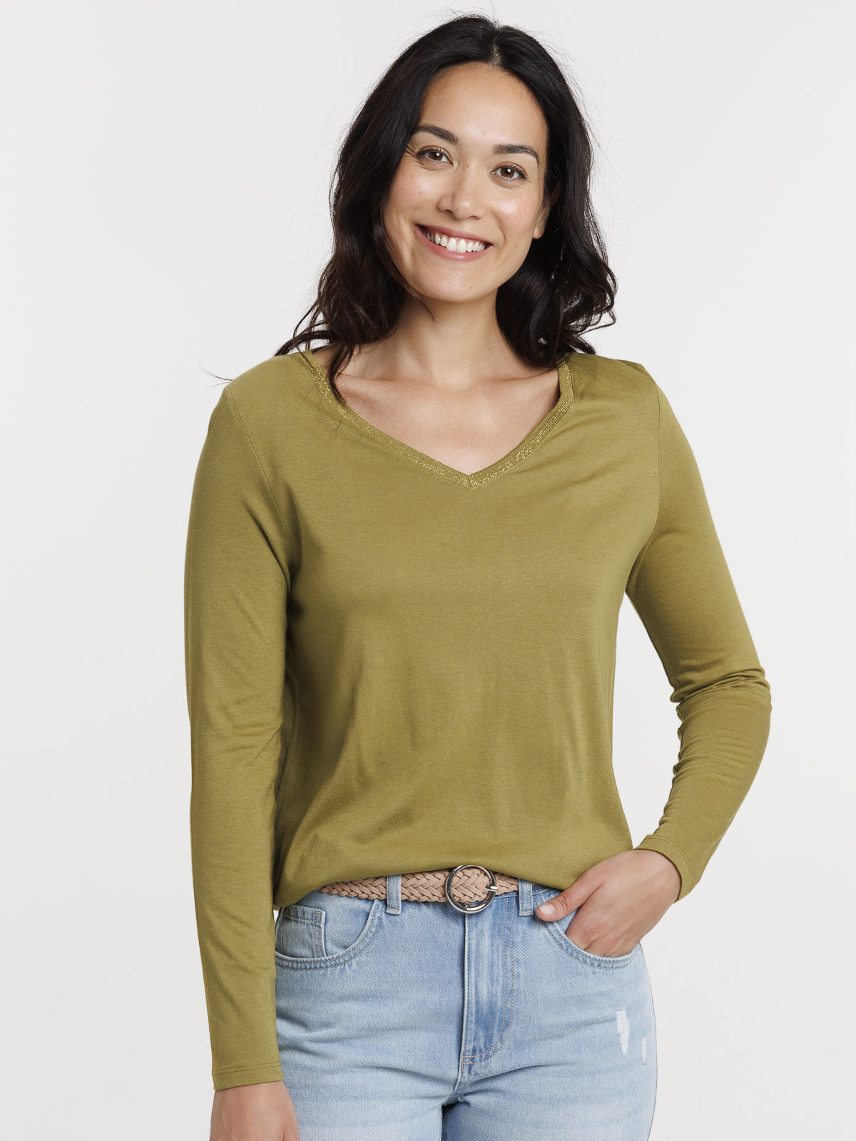 T-shirt col V manches longues femme