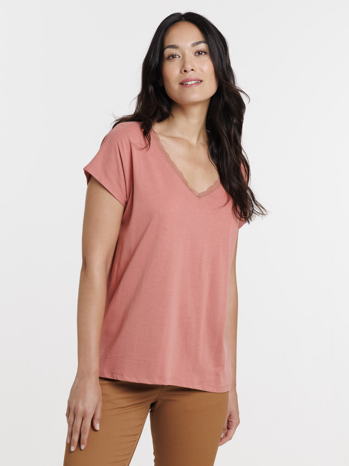 Tee-shirt rosewood col V dentelle femme Tee-shirt rosewood col V dentelle femme