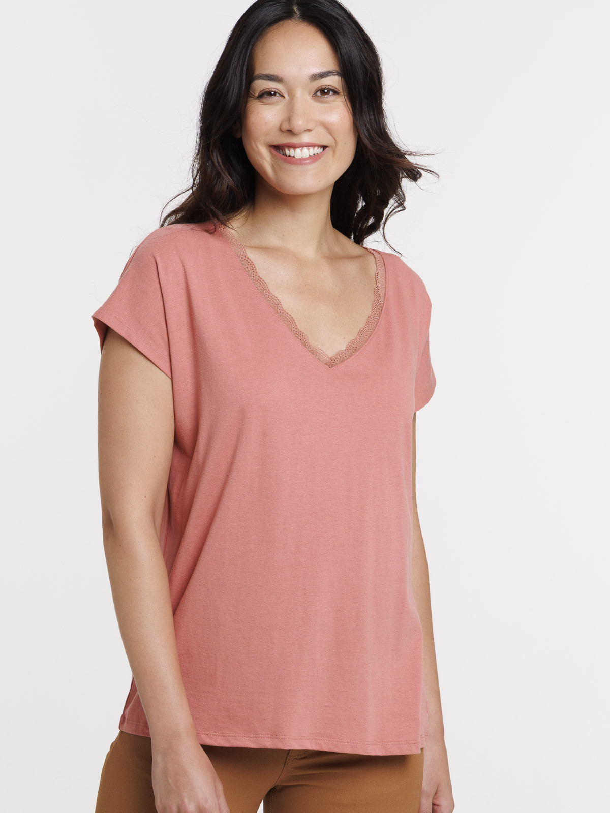 Tee-shirt rosewood col V dentelle femme