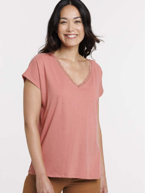 Tee-shirt rosewood col V dentelle femme