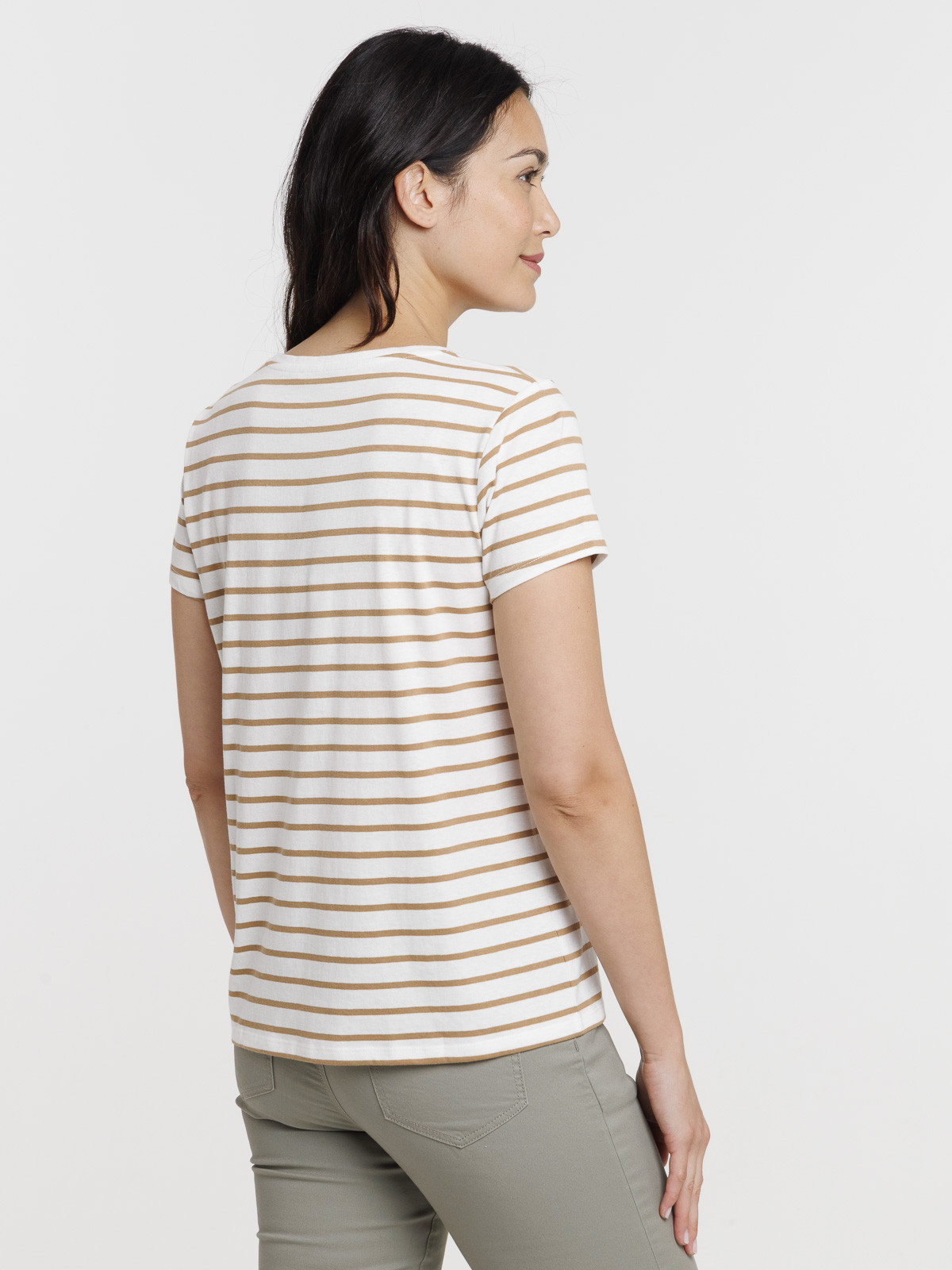 Tee-shirt écru rayé camel femme